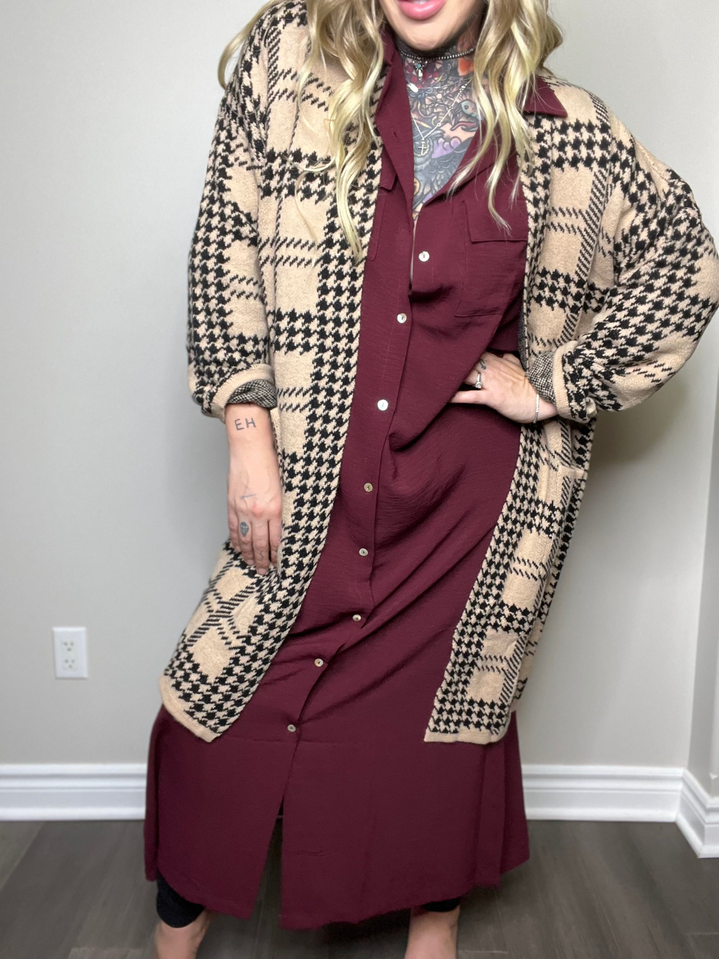 Woven Right Houndstooth Open Front Longline Cardigan main image 0