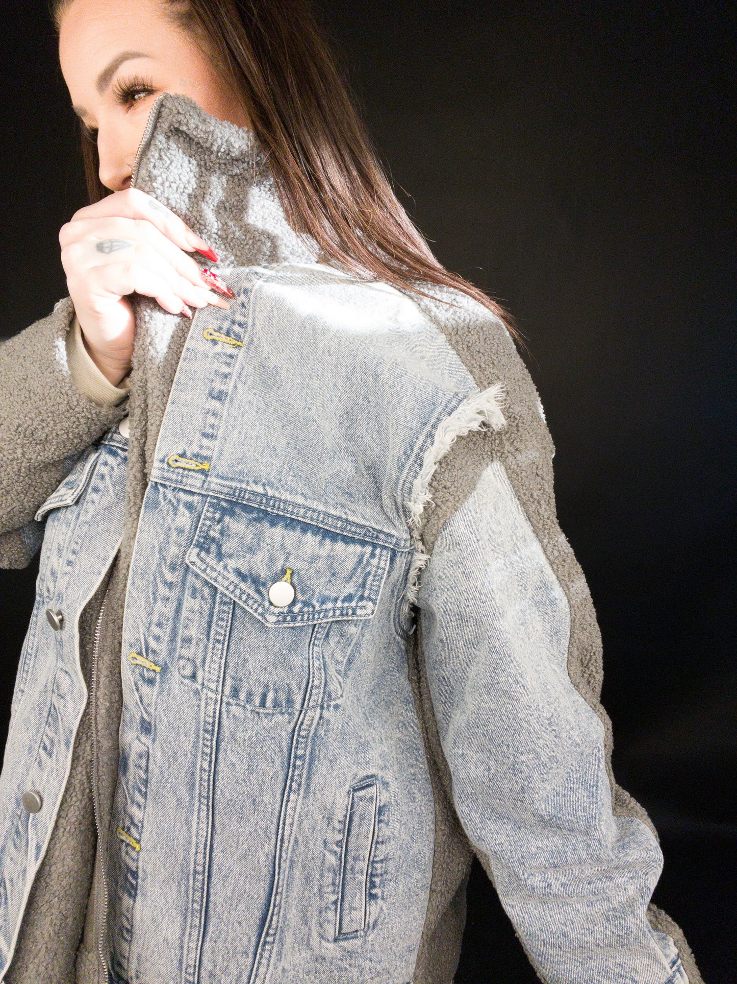 Walk Like Me Vintage Washed Attached Denim Vest Fleece Jacket