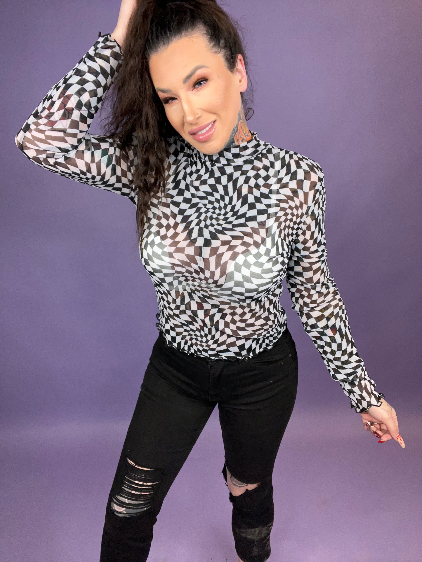 BLACK Twisted Twilight Checkered Vibe Mesh Long Sleeve Top (CURVY)
