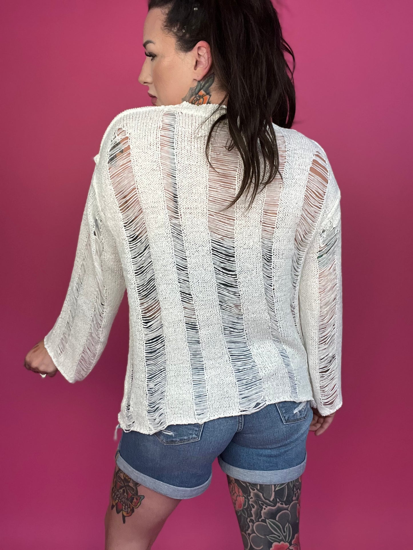 POL Distressed Round Neck Long Sleeve Knit Cover Up - BP