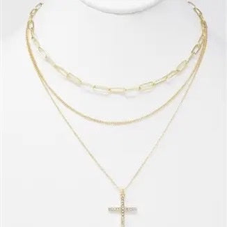 Triple Layer Rhinestone Cross Necklace