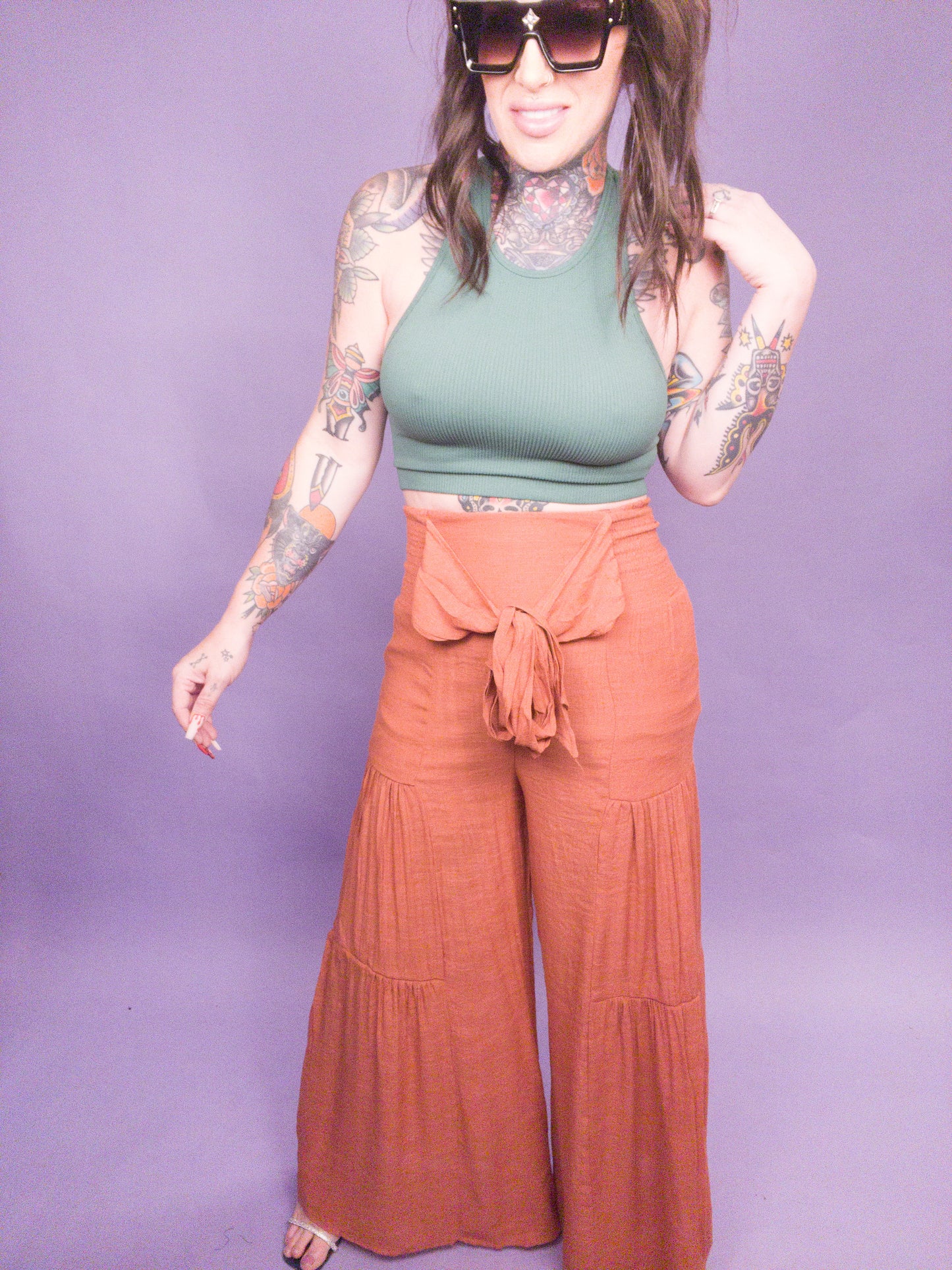 CURVY Jade By Jane - Tie Front Ruched Waist Back Pants