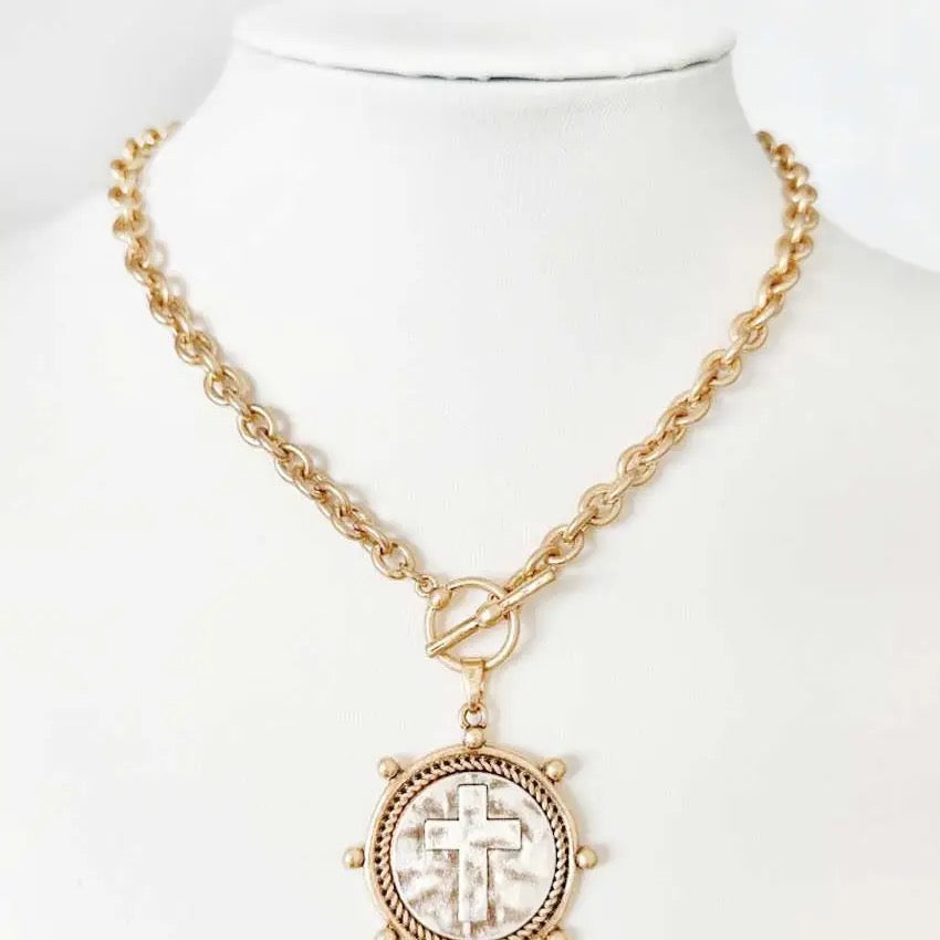 Stamped In Time Cross Coin Charm Necklace