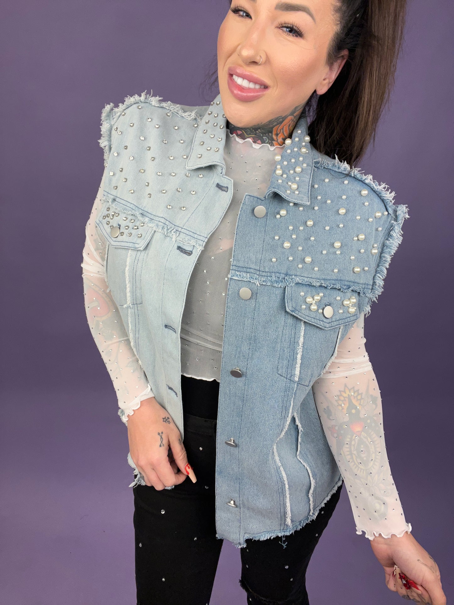 Pearls Galore Distressed 2-tone Denim Vest (2 COLOR OPTIONS)