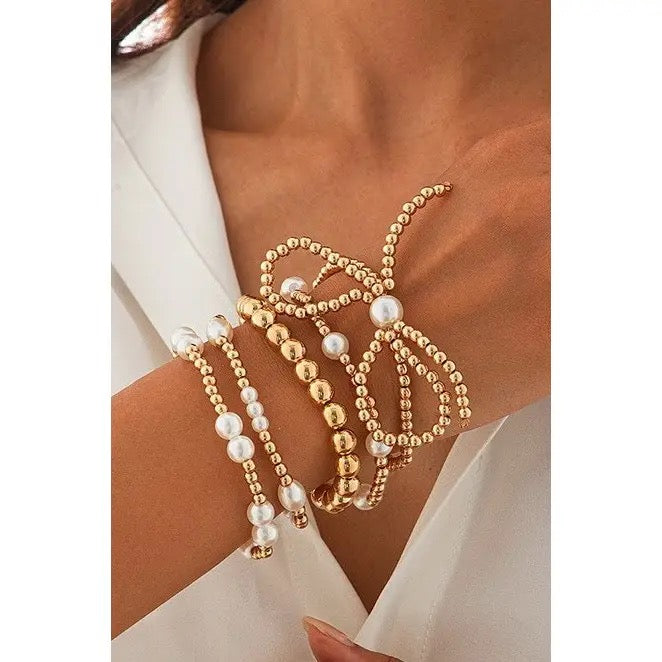 Multi Layer Ball Chain Bead Pearl Bow Bracelet