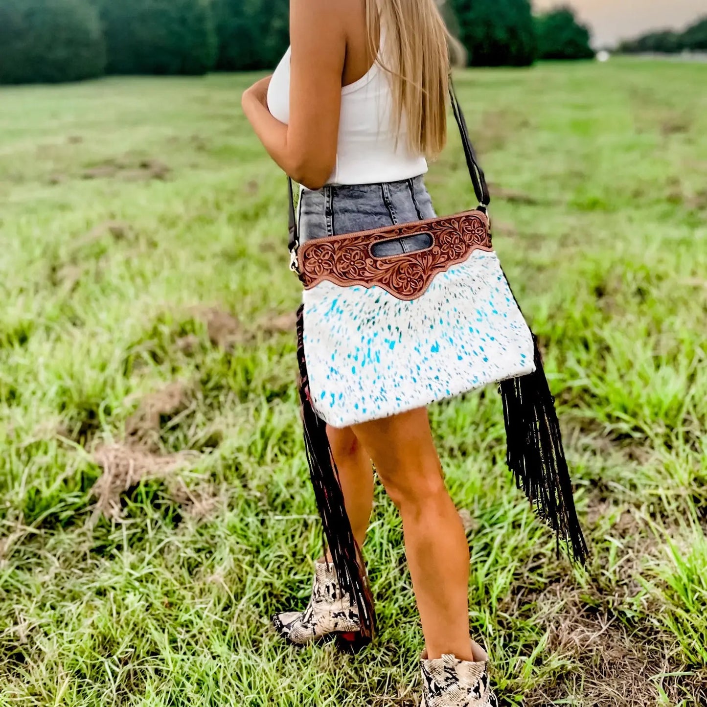 Hold My Boots White And Turquoise Spec Crossbody Purse