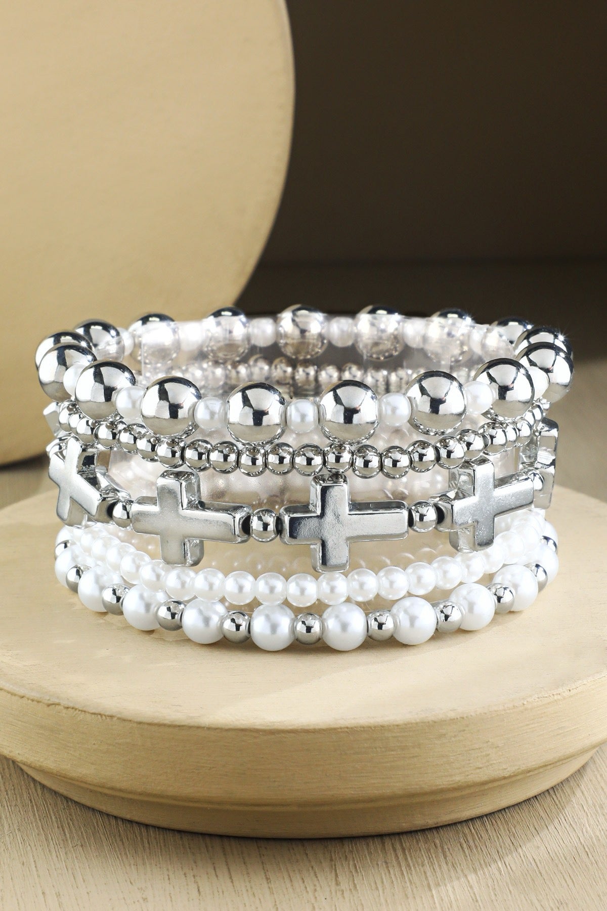 Stackable Pearl Bead & Cross Charm Bracelet