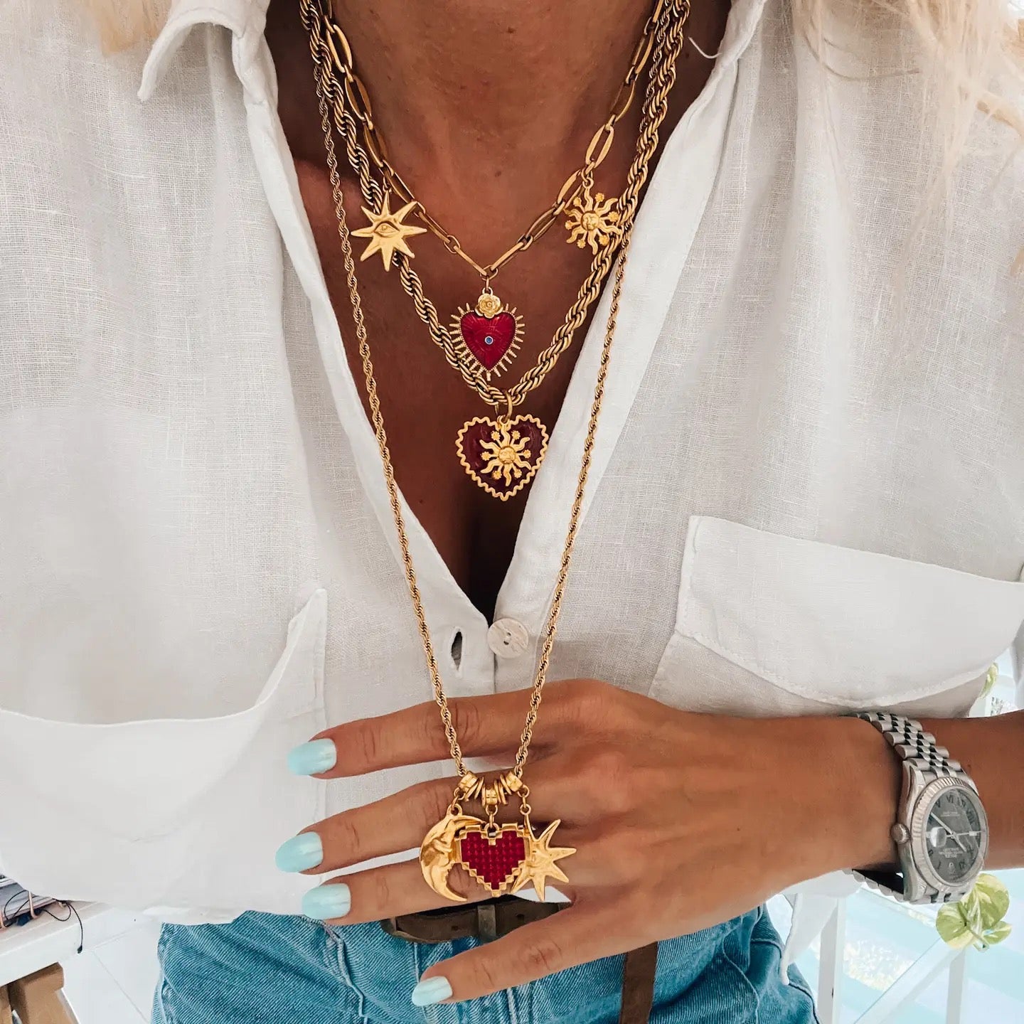 From The Heavens Above Gold and Red Hearts Charm Necklaces