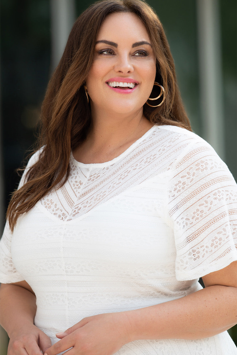 (Curvy) Such A Delight Round Neck Short Sleeve Lace Trim Dress - BP