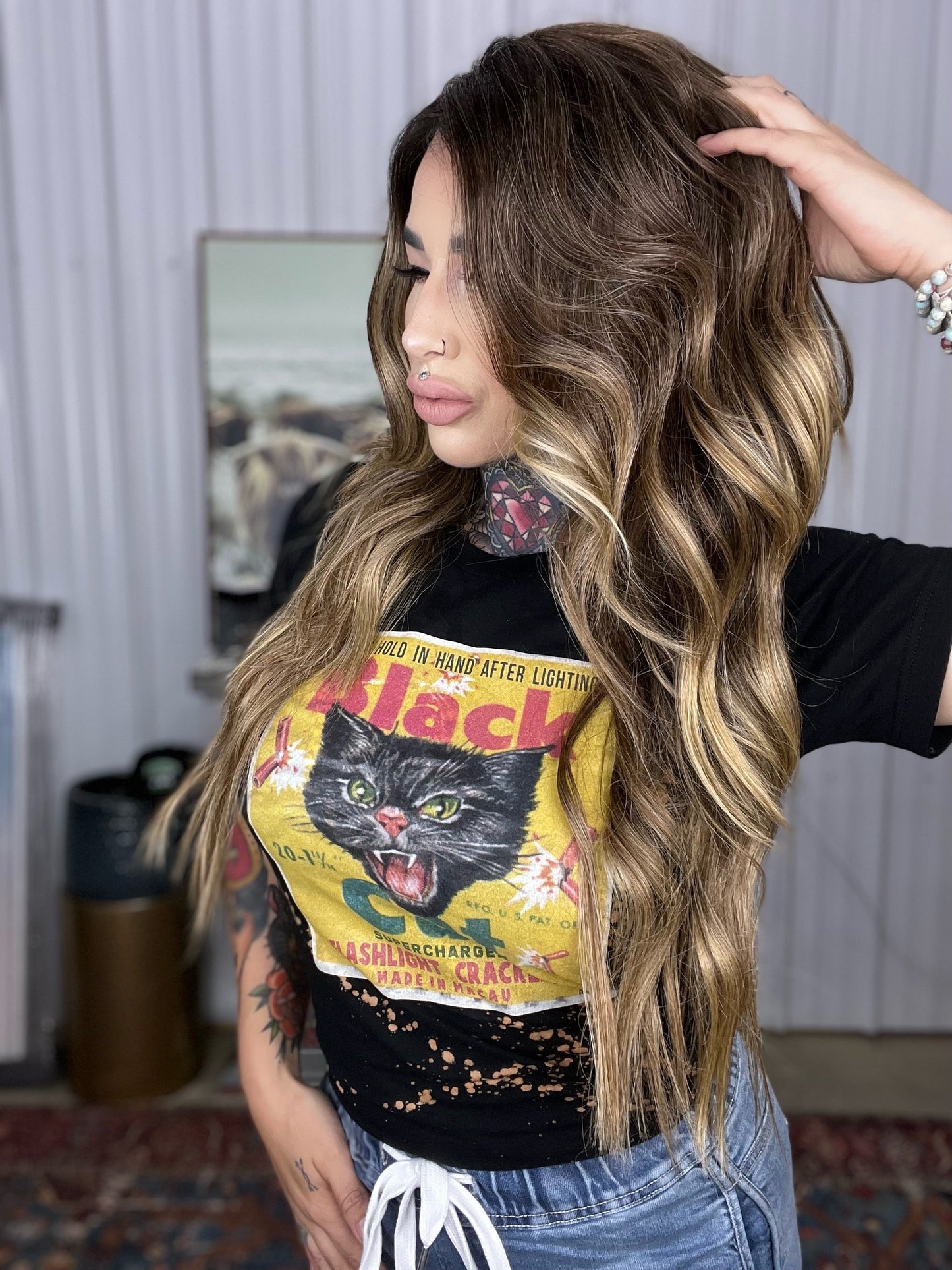 Black Cat Bleached Distressed T Shirt