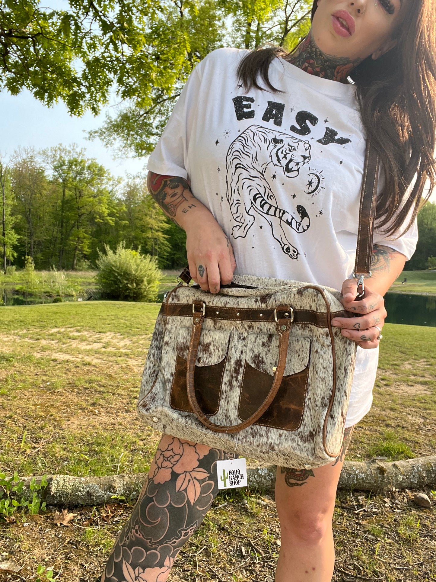 Genuine Cowhide Leather Mini Duffle White & Brown