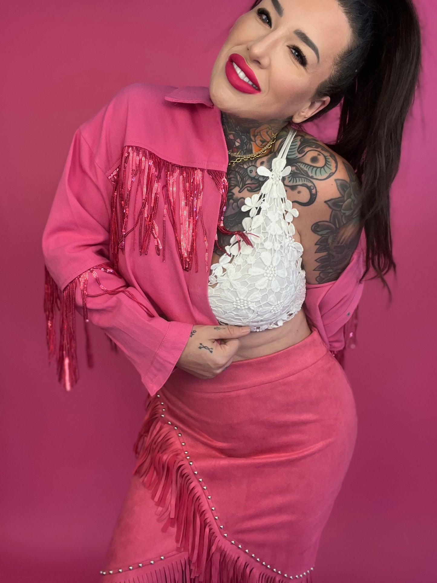 (S-3X) Barbie Girl All Around Sequins Fringe Denim Jacket