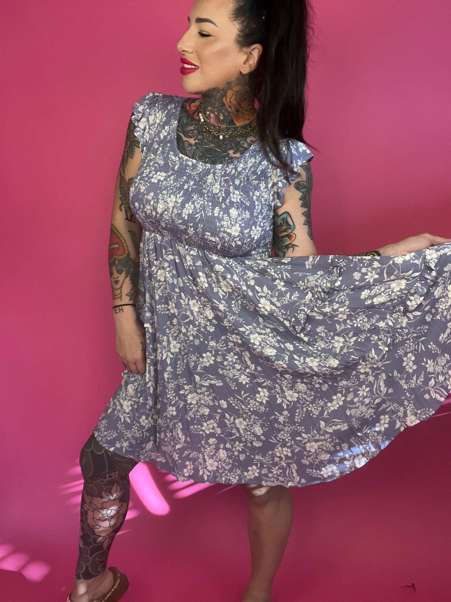 Reborn J Floral Ruffle Trim Smocked Mini Dress