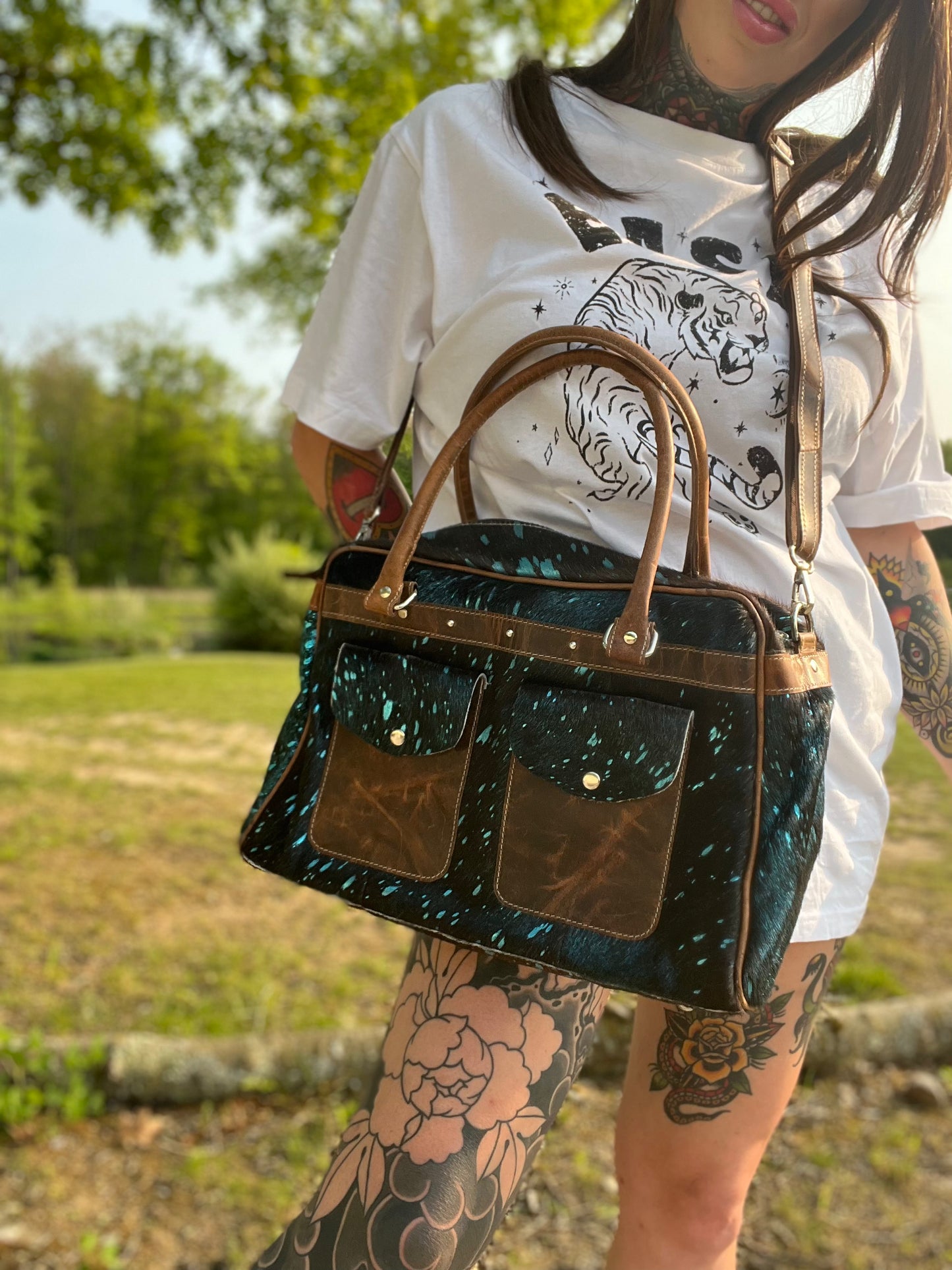Genuine Cowhide Leather Mini Duffle Brown & Turquoise Specs