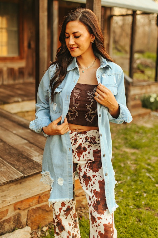 (S-3X) Lucky & Blessed Stone Washed Distressed Denim Button Down Shirt