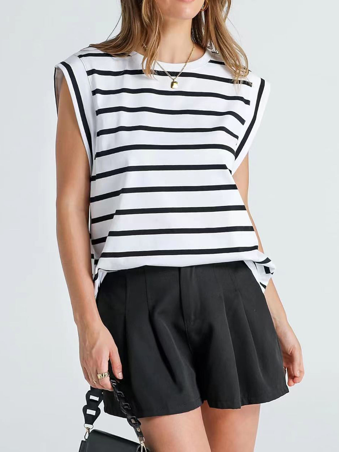 (S-2X) Happiest Here Striped Round Neck Cap Sleeve T-Shirt (Multiple Colors)