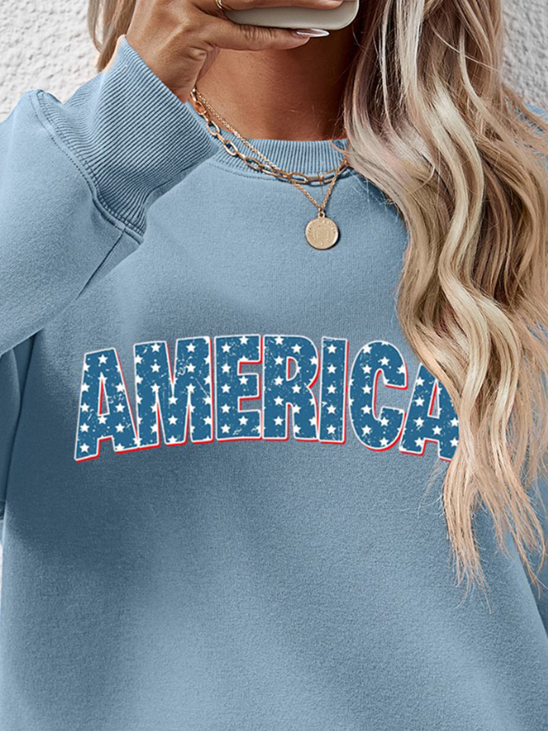 Proud To Be Here AMERICA Round Neck Dropped Shoulder Sweatshirt