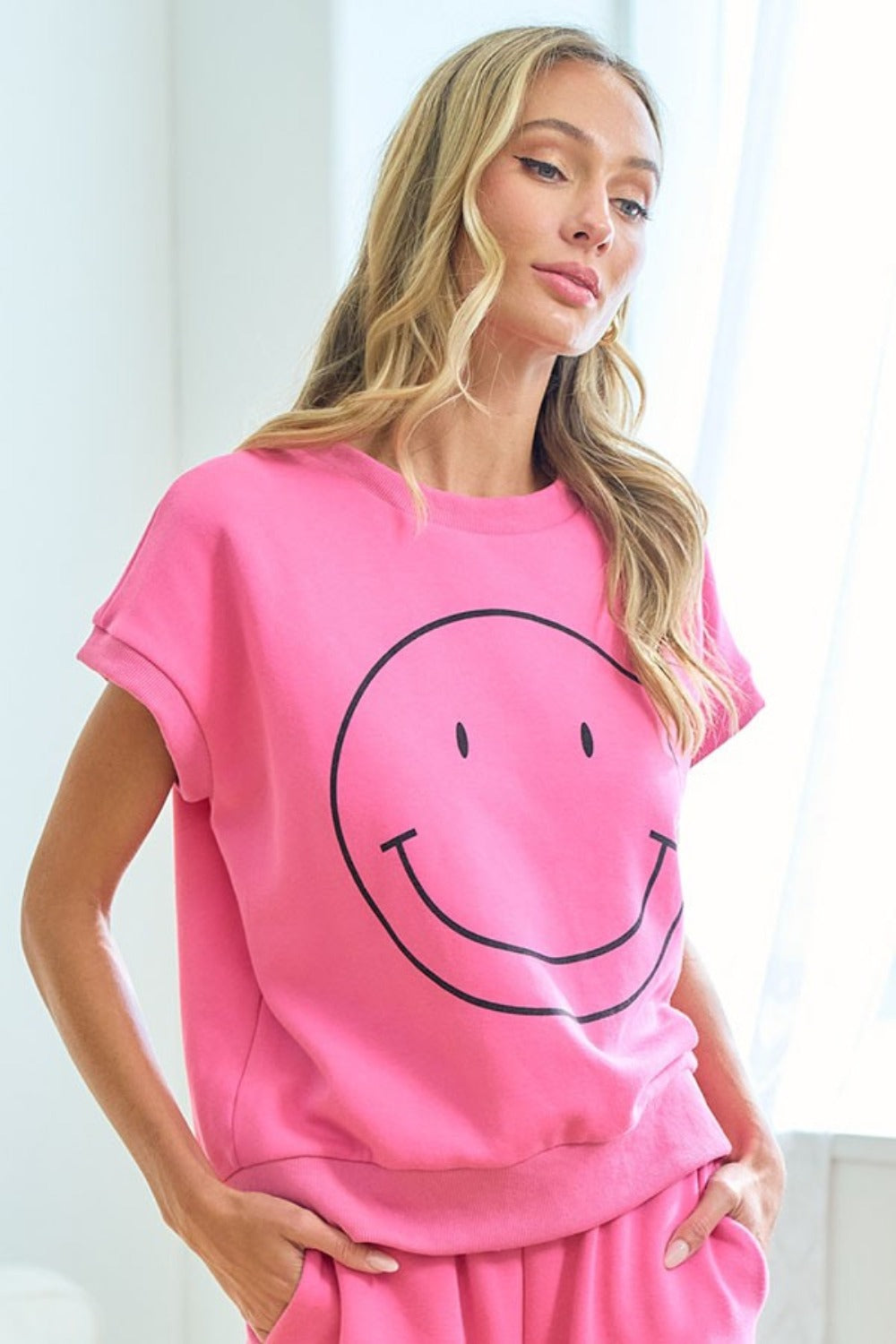 Happy To See Me Smile Face Drop Shoulder Brushed Inside T-Shirt (First Love)