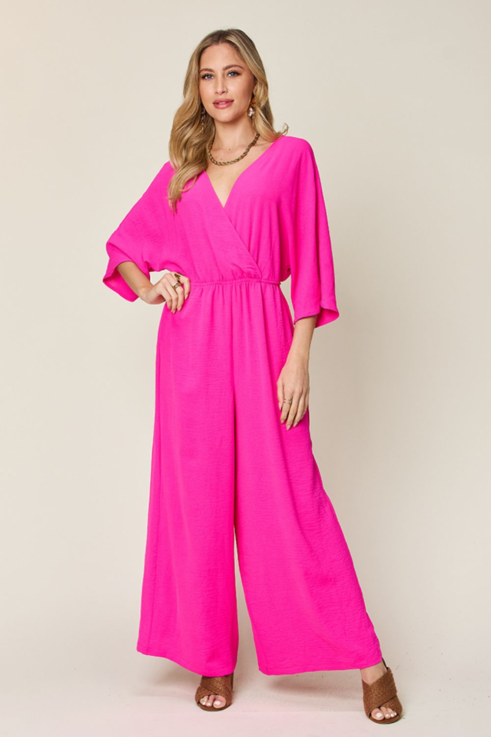 (S-3X) Stop & Stare Half Sleeve Wide Leg Jumpsuit (Double Take/Multiple Colors) - BP