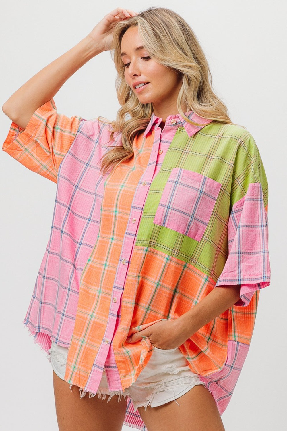 Social Season Plaid Collared Neck Half Sleeve Shirt (BiBi)