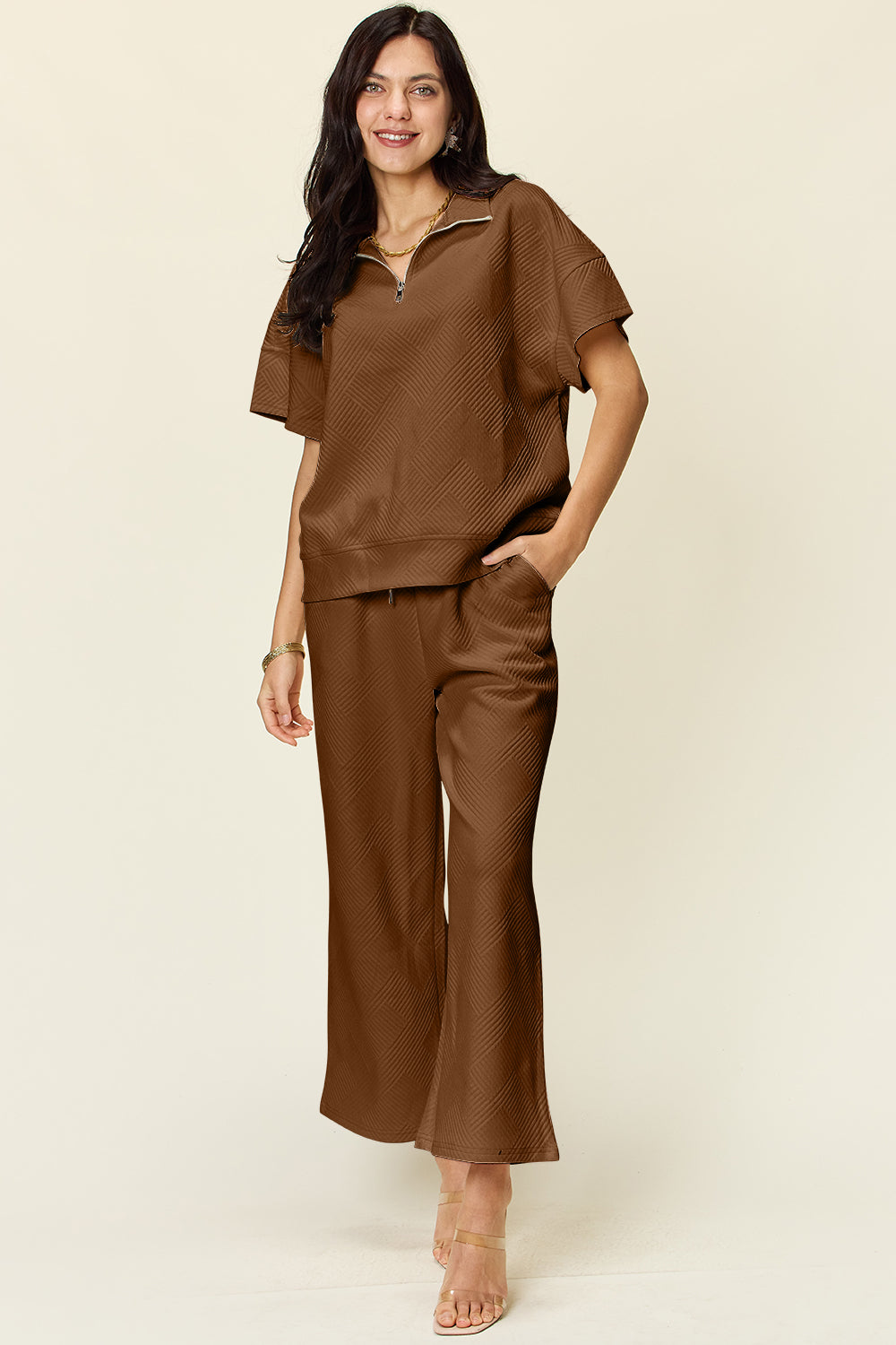 Trying Again Texture Half Zip Short Sleeve Top and Pants Set (Multiple Colors) - BP