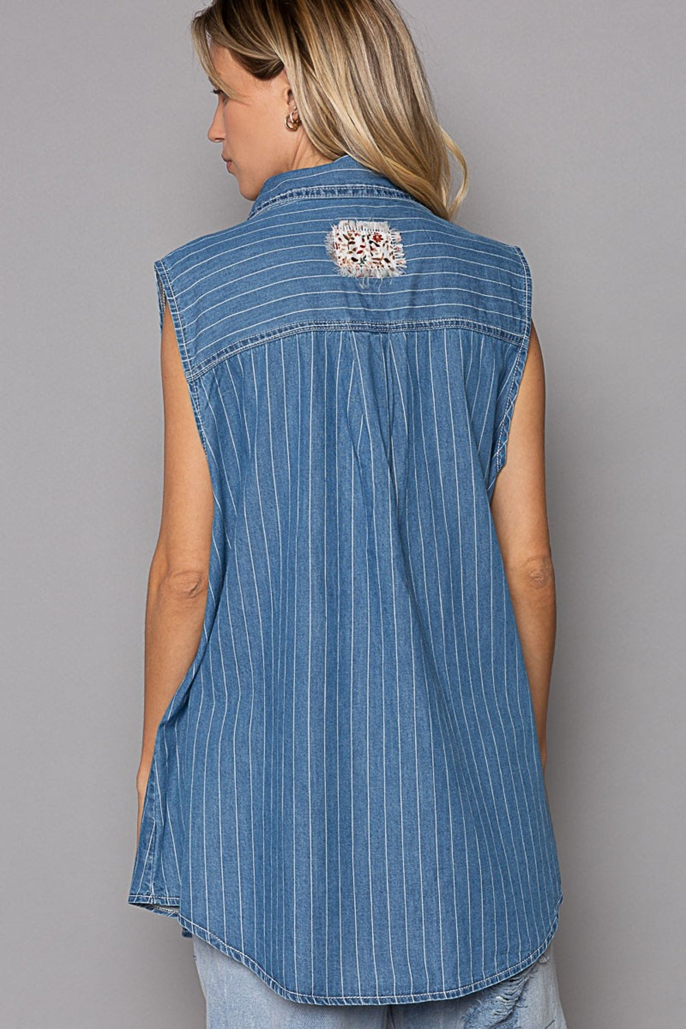 Say Hello To My Little Friend (POL) Button Down Sleeveless Striped Denim Shirt