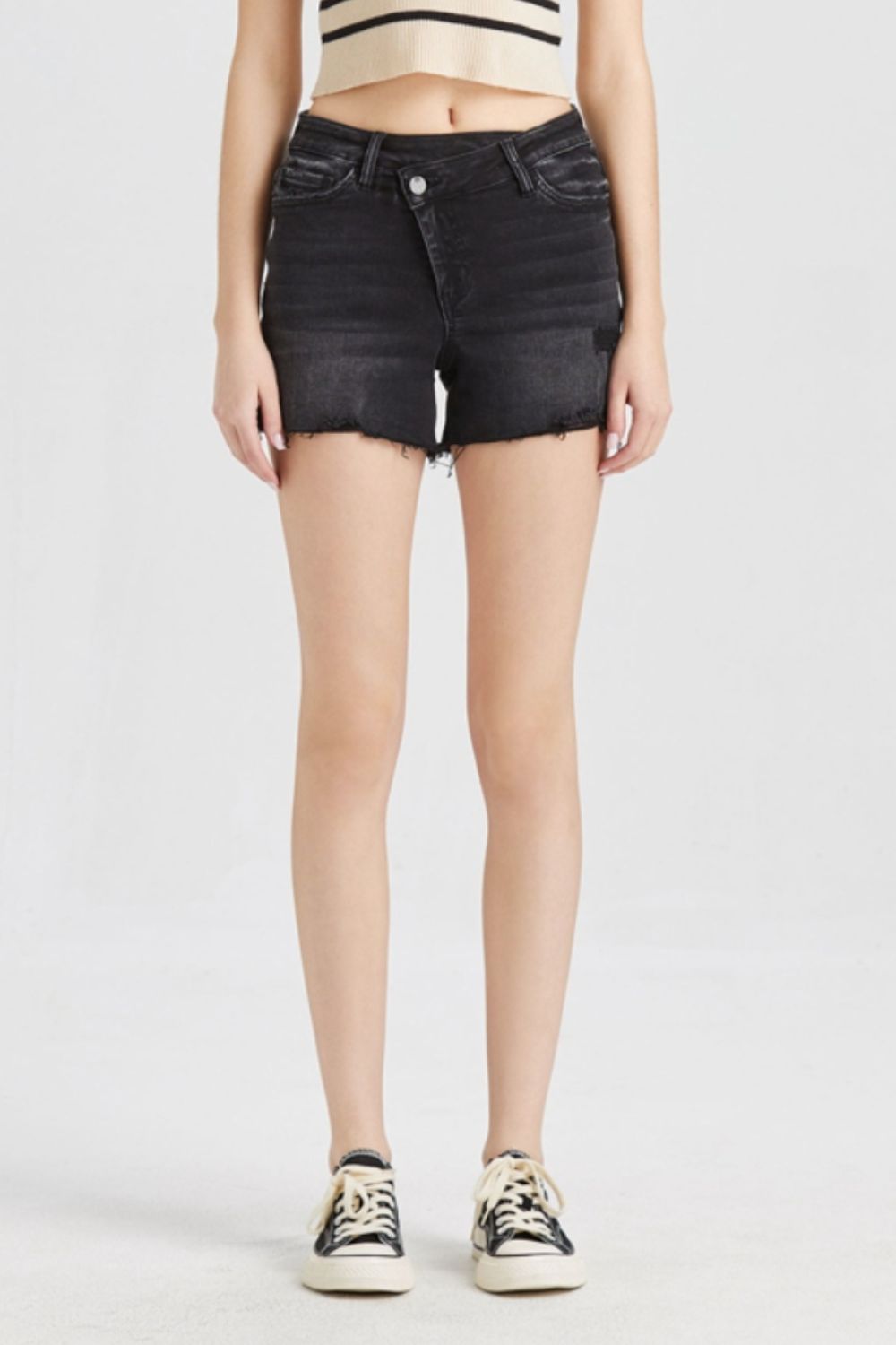 Shandelle Stepped Waist Raw Hem Denim Shorts - BP