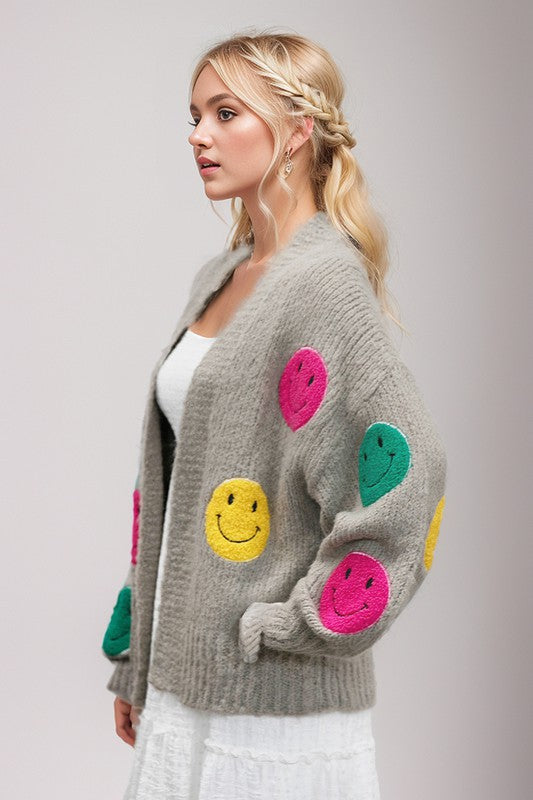 Keep Me Happy Fuzzy Smile Long Bell Sleeve Knit Cardigan