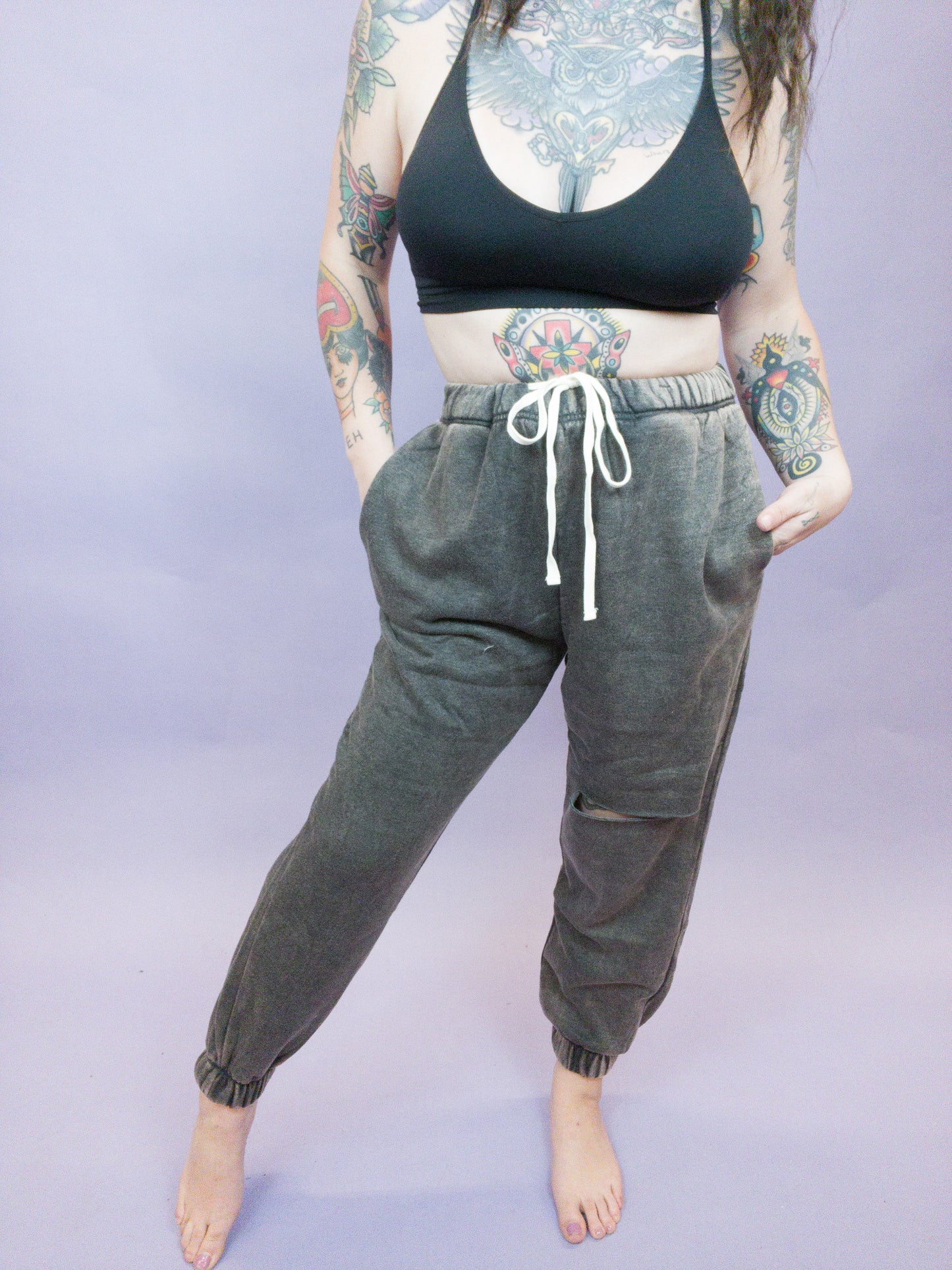 Curvy - Princess of Posh Laser Cut Acid Wash Pocketed Jogger