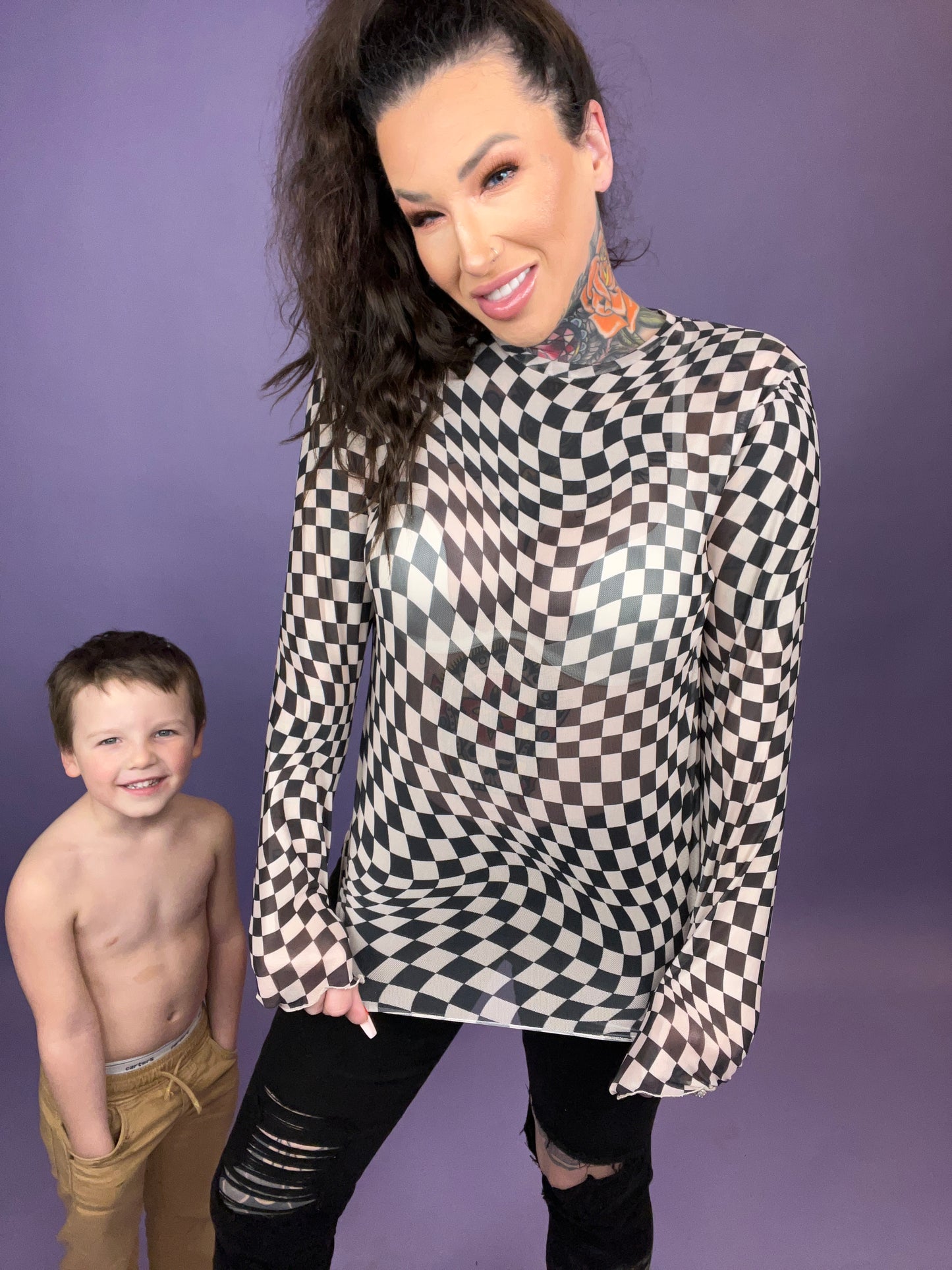 Check The Boxes Long Sleeved Checkered Mesh Top (NEW COLOR OPTION)