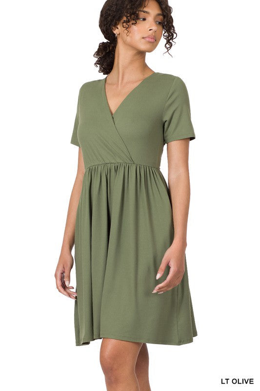 Brushed DTY Buttery Soft Fabric Surplice Dress (Multiple Colors)