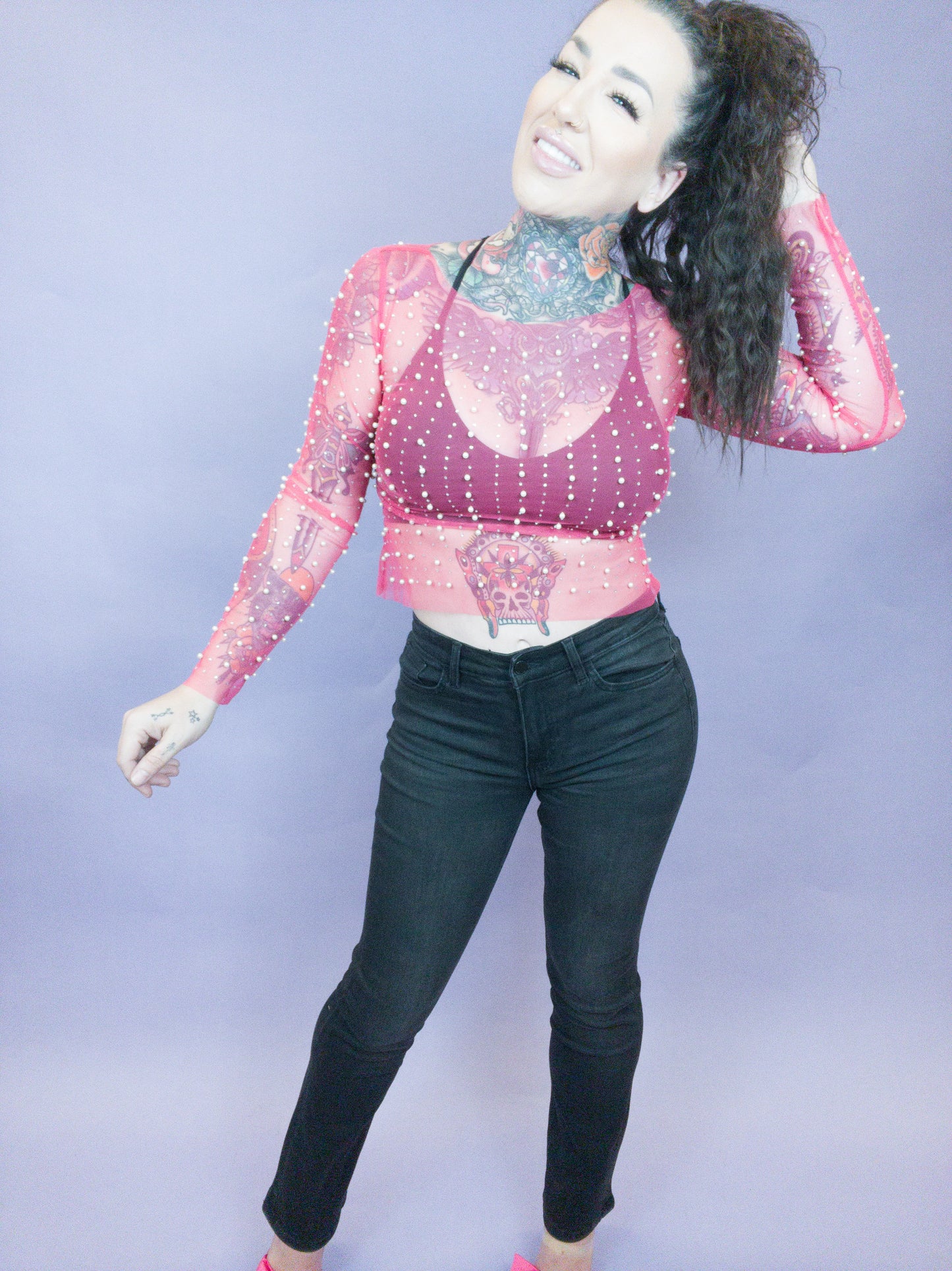 Devious Designs Pearl Embellished Long Sleeve Mesh Top