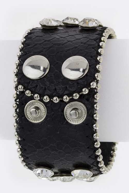 Biker Babe Crystal Stud Genuine Leather Cuff