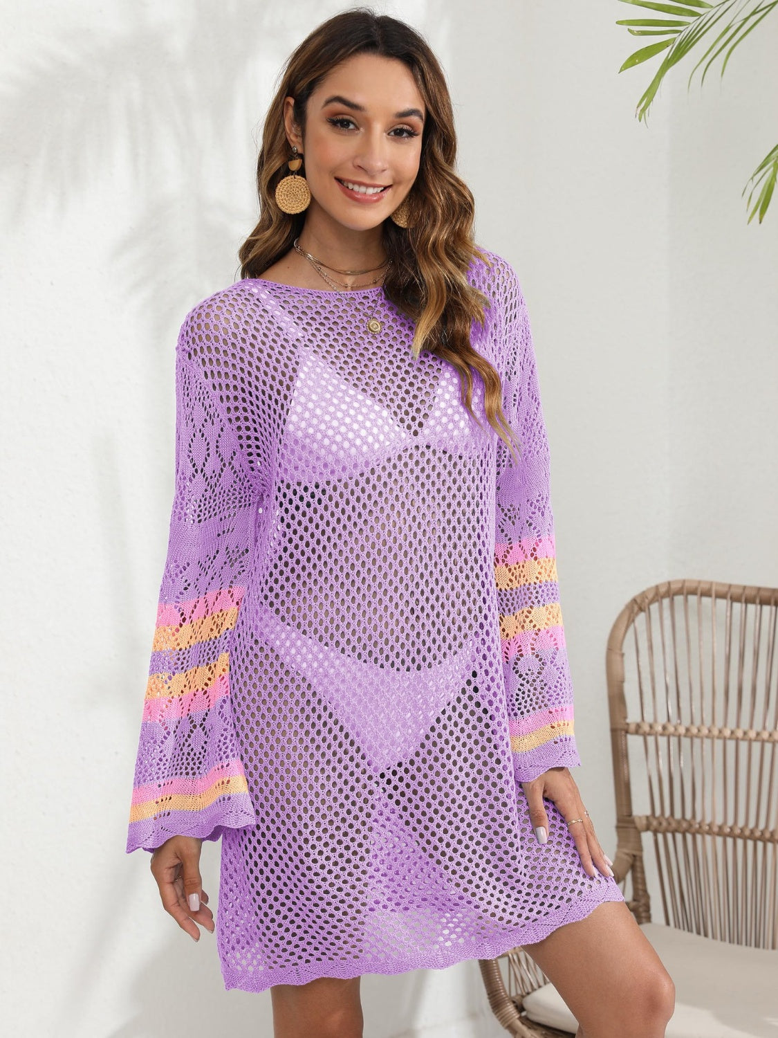 Bubbly Thoughts Openwork Contrast Long Sleeve Cover-Up (Multiple Colors)