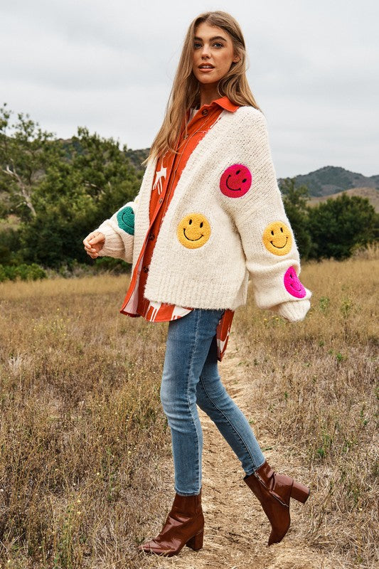 Keep Me Happy Fuzzy Smile Long Bell Sleeve Knit Cardigan