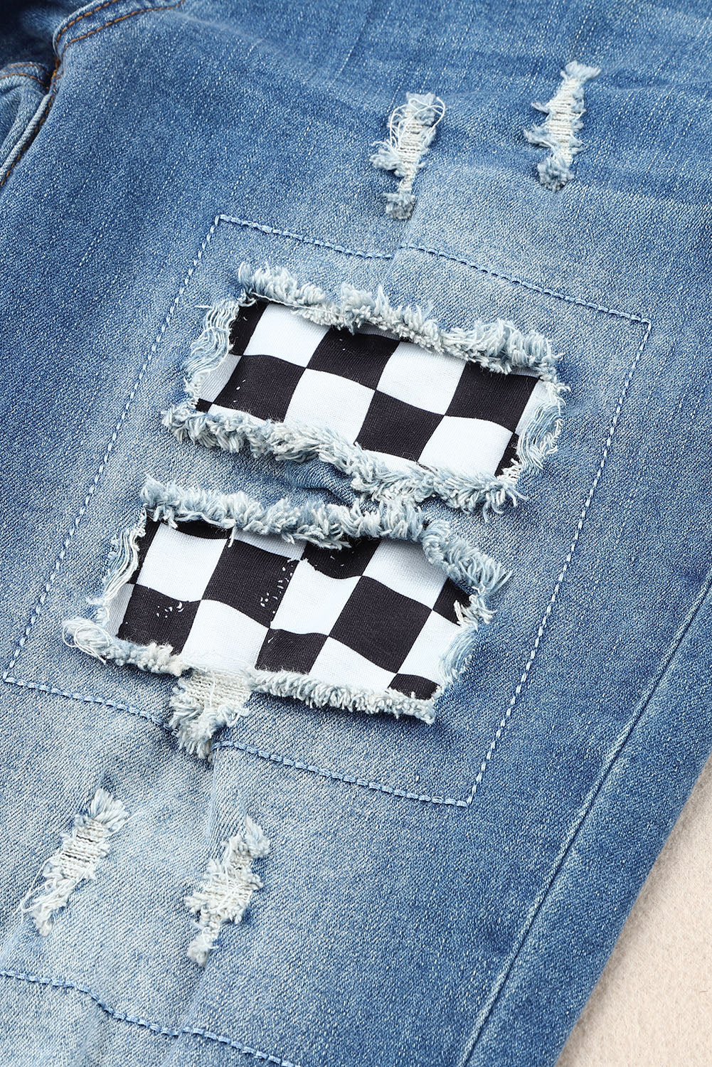 (S-2X) Radical Intentions Checkered Patchwork Mid Waist Distressed Jeans - BP