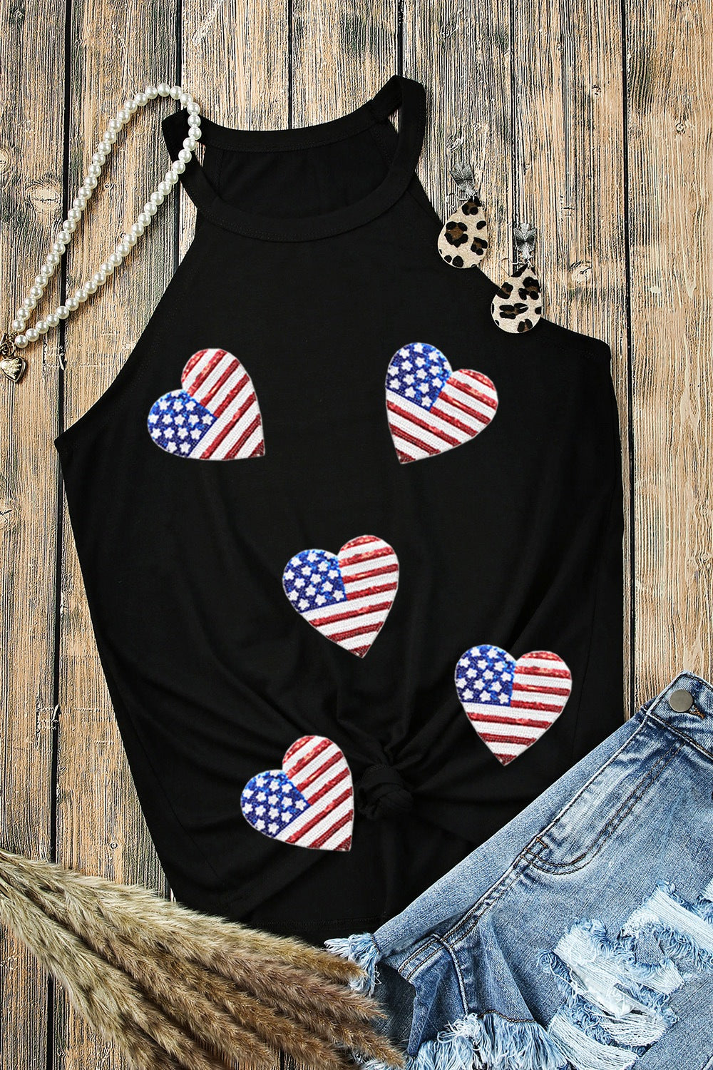 (S-2X) Party Like A Patriot Heart US Flag Round Neck Grecian Neck Tank