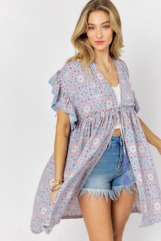 Cover Me In Daisies Printed Short Sleeve Ruffle Kimono (Davi & Dani)