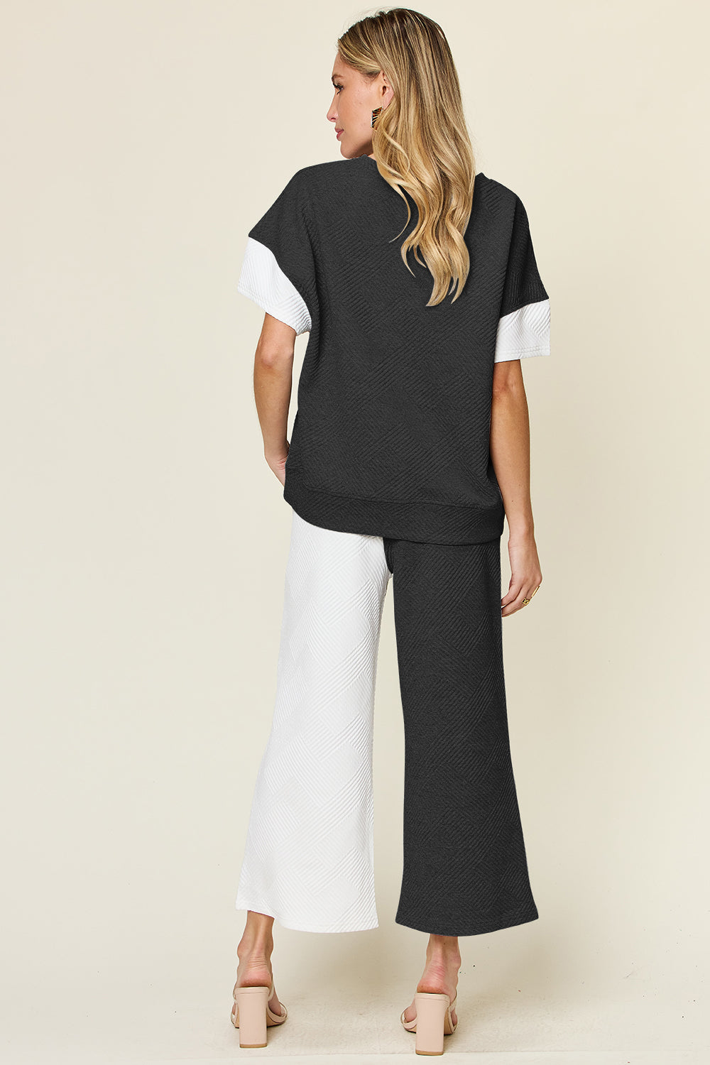 Block The Haters Double Take Full Size Texture Contrast T-Shirt and Wide Leg Pants Set