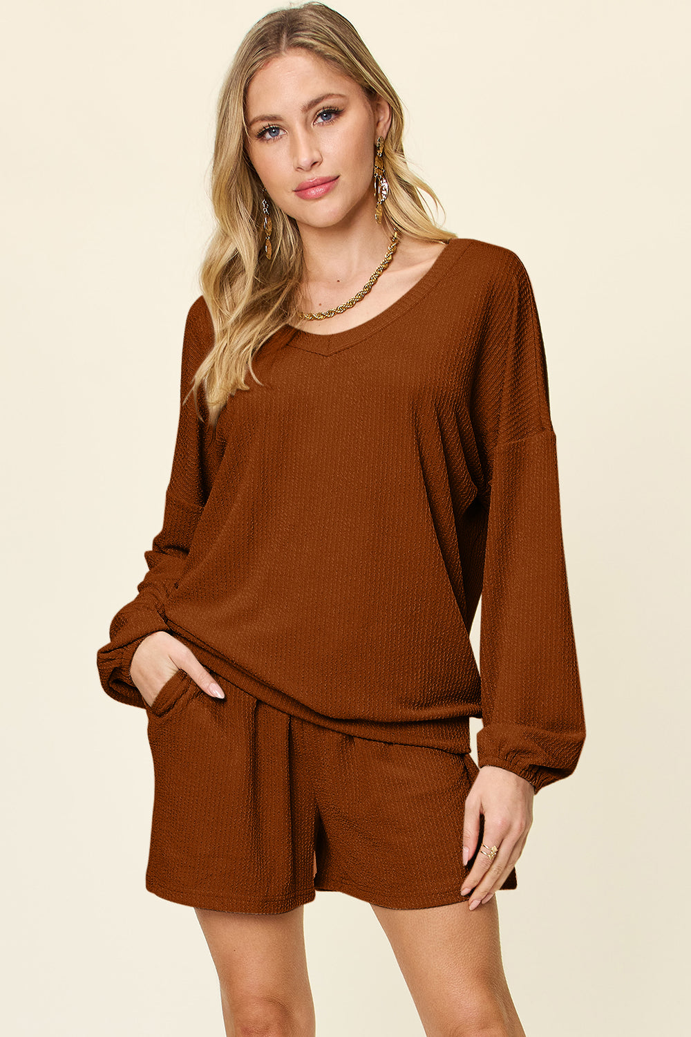 (S-3X/Multiple Colors) Simple Routine Double Take Texture V-Neck Long Sleeve T-Shirt and Shorts Set