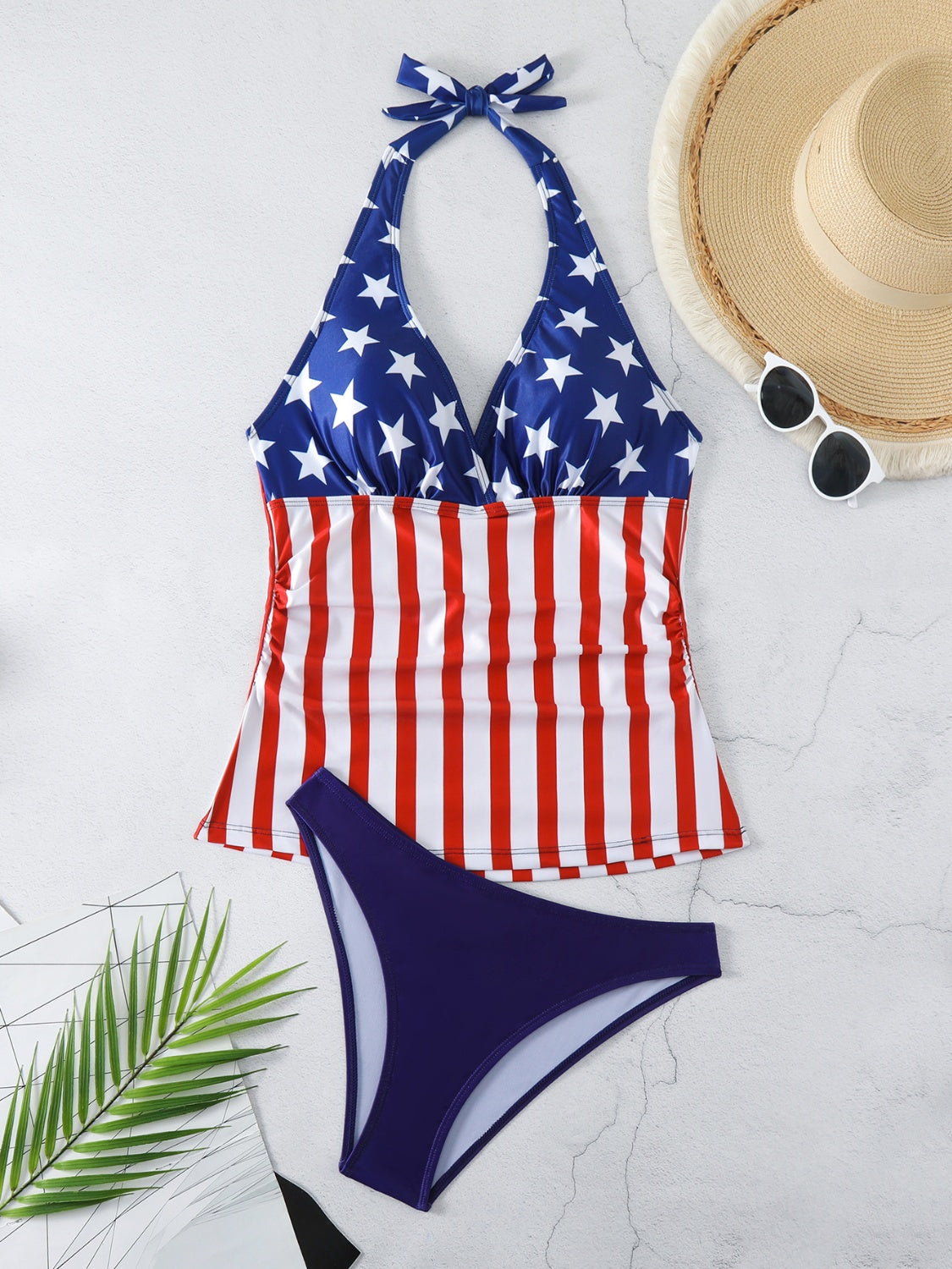 (S-2X) Proud American Star & Stripes Halter Neck Two-Piece Swim Set