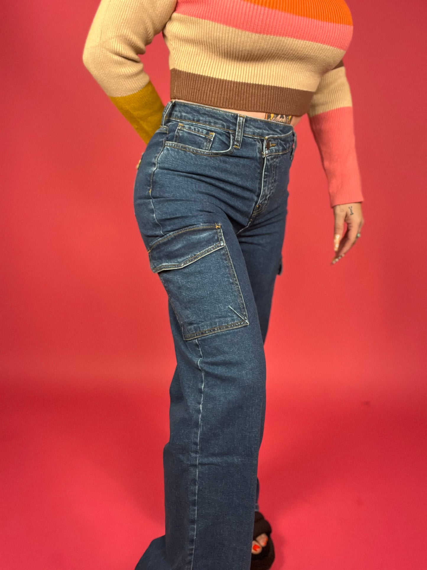 Vibrant M.I.U. - High Rise Crossed Waist Cargo Wide Jeans - BP