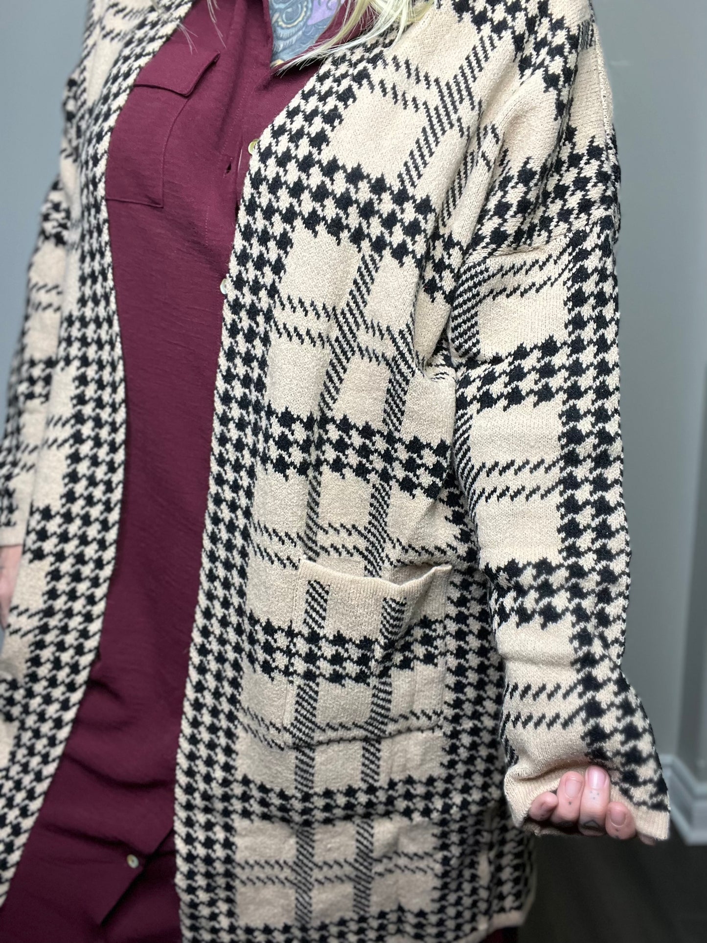 Rare Find Curvy Houndstooth Print Longline Cardigan