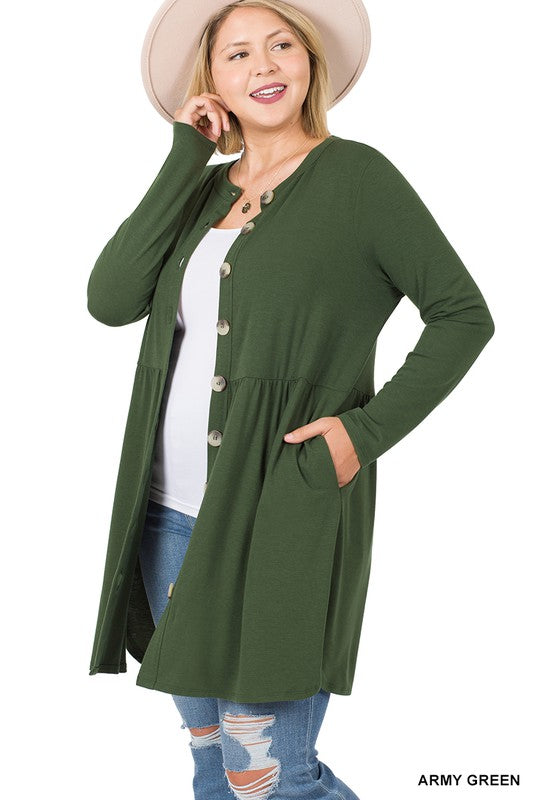 CURVY - Shirred Waist Buttoned Cardigan (MULTIPLE COLORS) - BP
