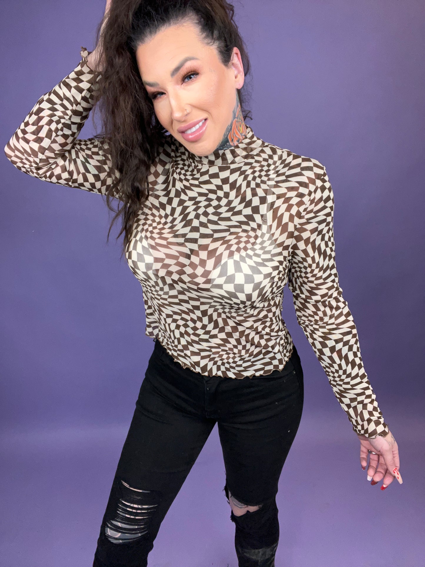 JAVA Twisted Twilight Checkered Vibe Mesh Long Sleeve Top (CURVY)