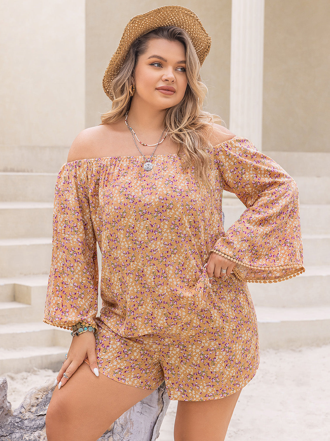 (XL-4X) Serenade My Heart Printed Off-Shoulder Top and Shorts Set