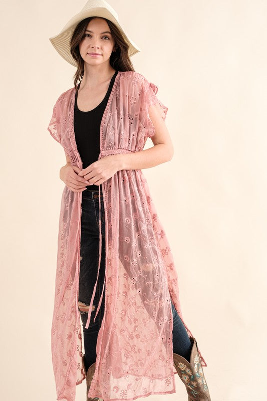 Reach For Me CHIFFON EMBROIDERY LACE KIMONO DUSTER CARDIGAN (Multiple Colors)