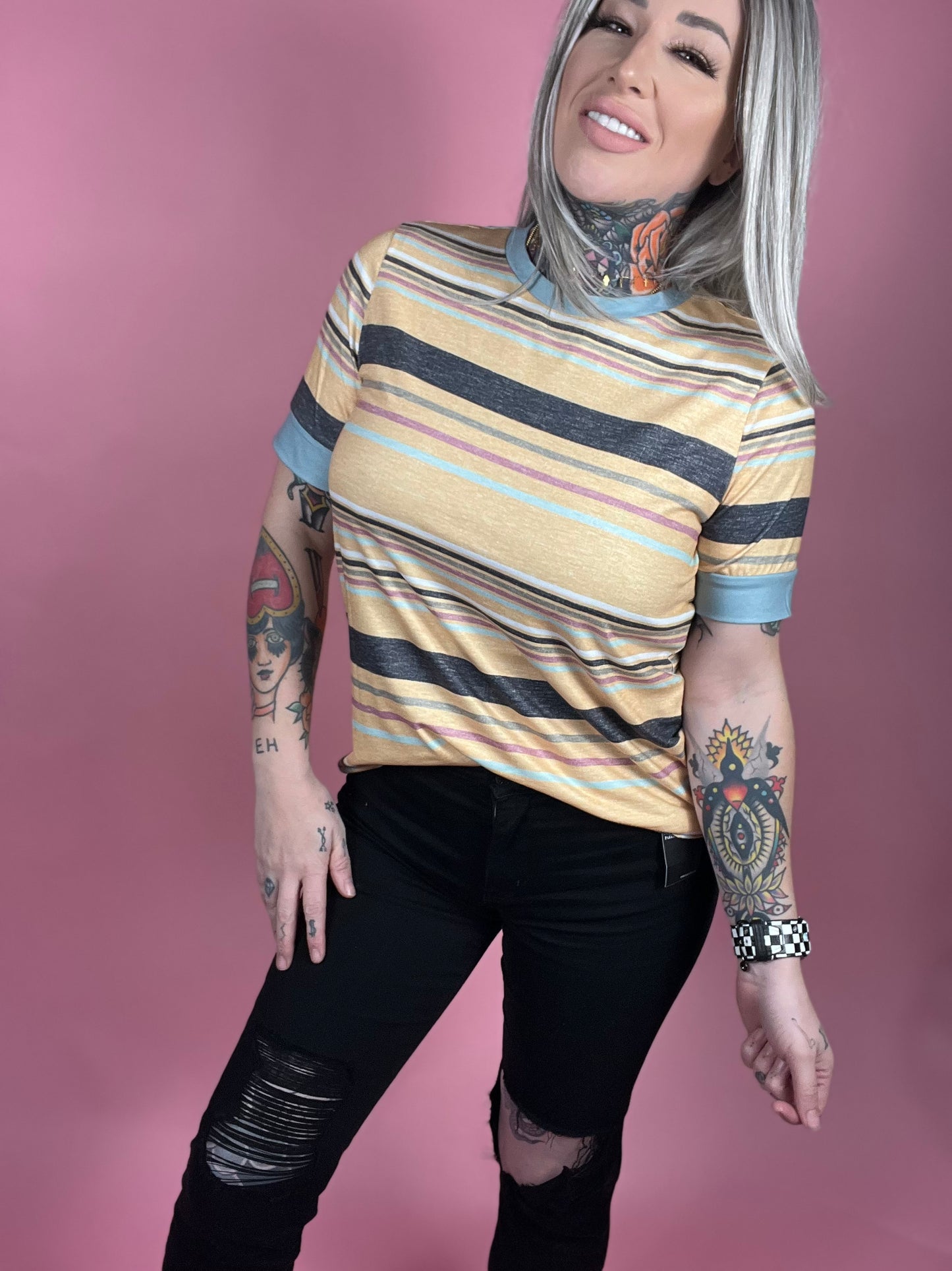 Celebrate Yourself Curvy/Reg Multicolor Stripes Crew Neck T Shirt