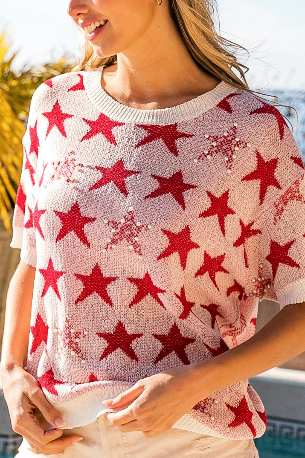 Rockets In The Sky Star Pattern Round Neck Short Sleeve Knit Top (BiBi)