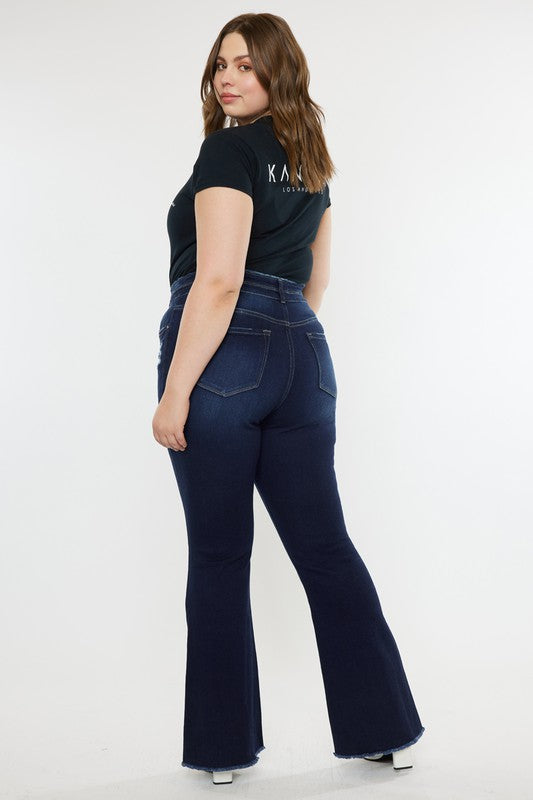 (1X-3X) Angela Kancan Rise Double Fray Hem Flare Jeans - BP